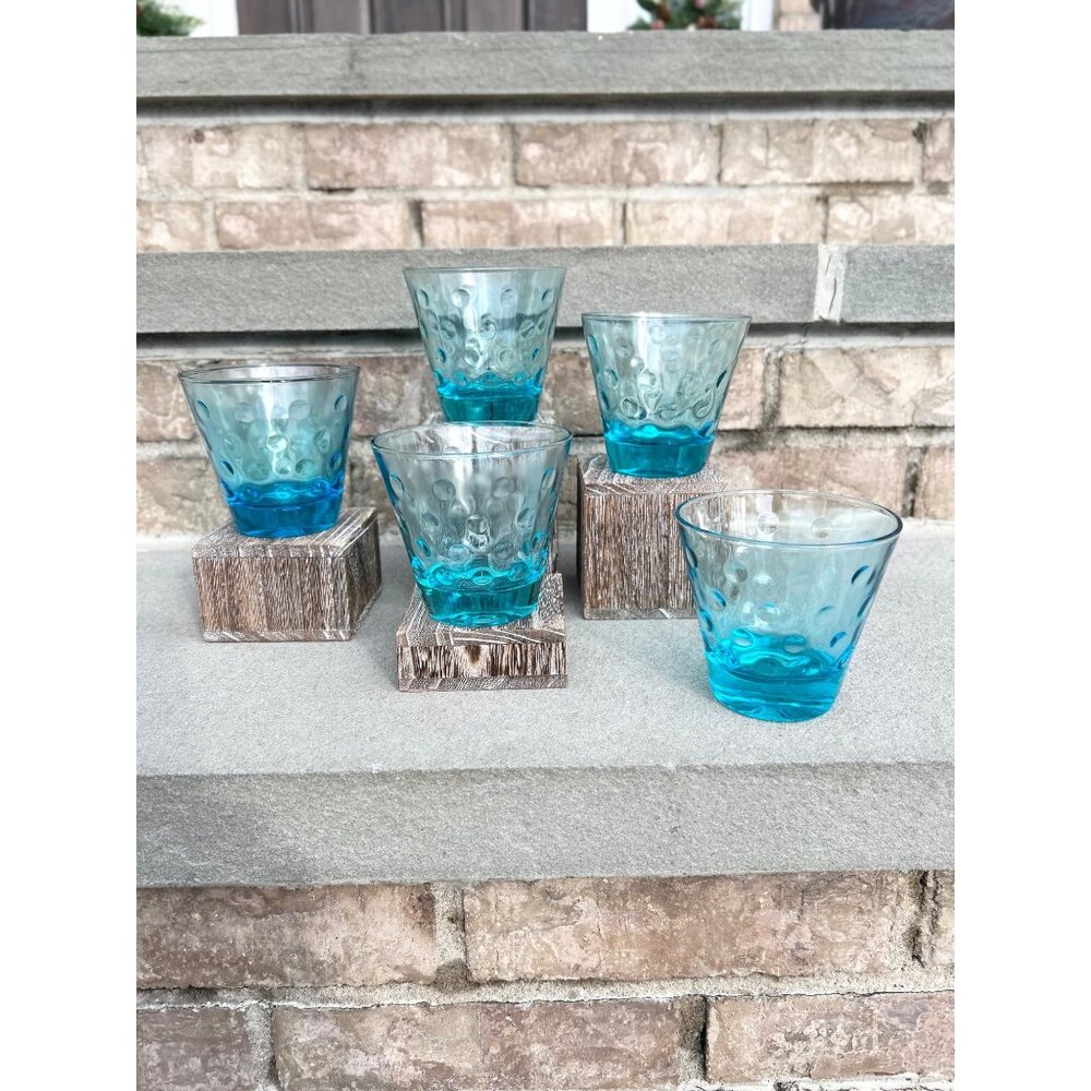 Vintage Hazel-Atlas Blue Capri Dot Lowball Whiskey Glasses.